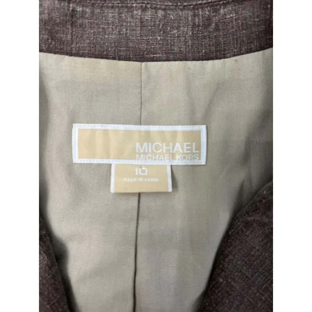 MICHAEL MICHAEL KORS WOMENS BROWN NEUTRAL LINEN BLEND FITTED JACKET BLAZER SZ 10